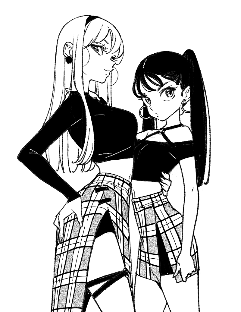 2girls, black_hair, black_hairband, black_shirt, blonde_hair, breasts, commentary_request, copyright_request, crop_top, earrings, greyscale, hairband, hoop_earrings, jewelry, large_breasts, long_hair, midriff, monochrome, multiple_girls, navel, plaid_clothes, plaid_skirt, shirt, simple_background, skirt, tayama_midori, twintails, white_background