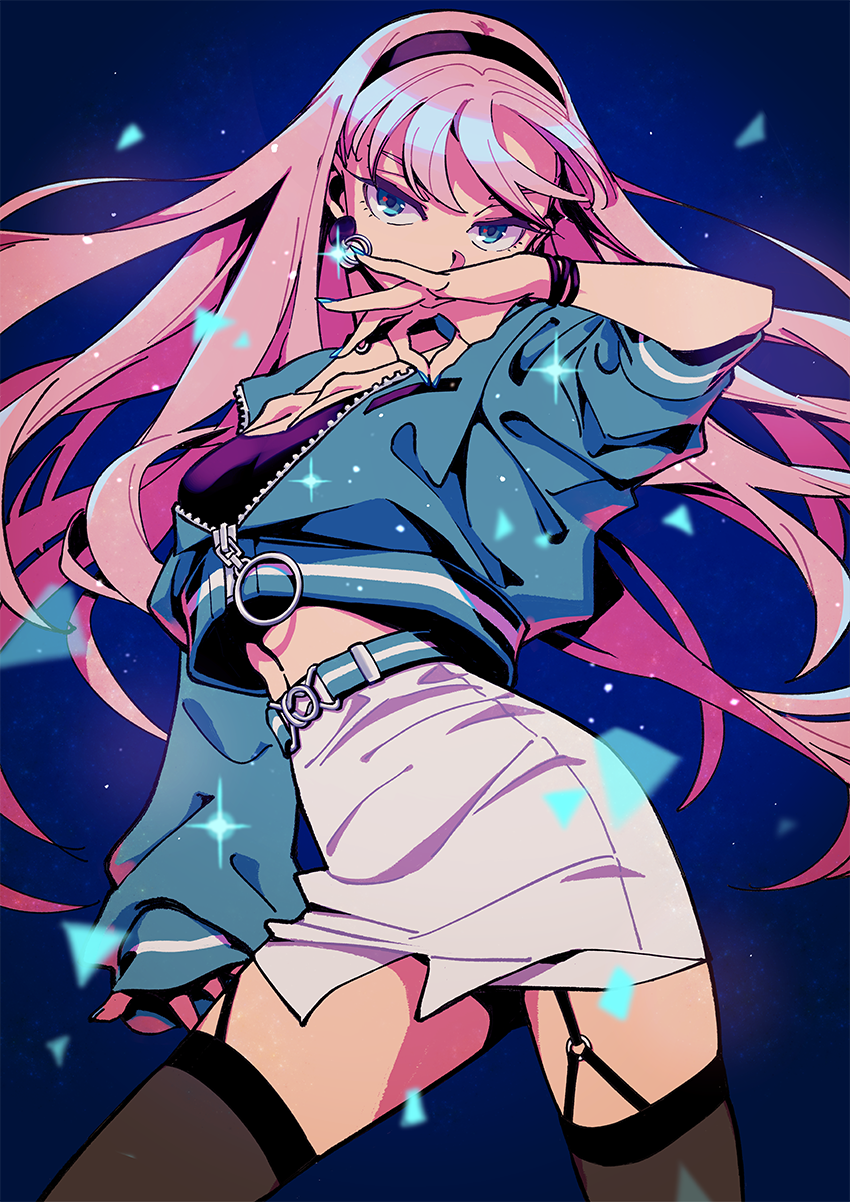 1girl, aqua_eyes, aqua_nails, belt, black_thighhighs, covering_own_mouth, cowboy_shot, cropped_jacket