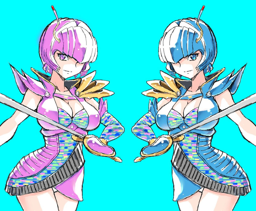 2girls, blue_eyes, blue_hair, denji_sentai_megaranger, hizumina, multiple_girls, purple_eyes, purple_hair, rapier, shibolena, super_sentai, sword, weapon, yonecchi