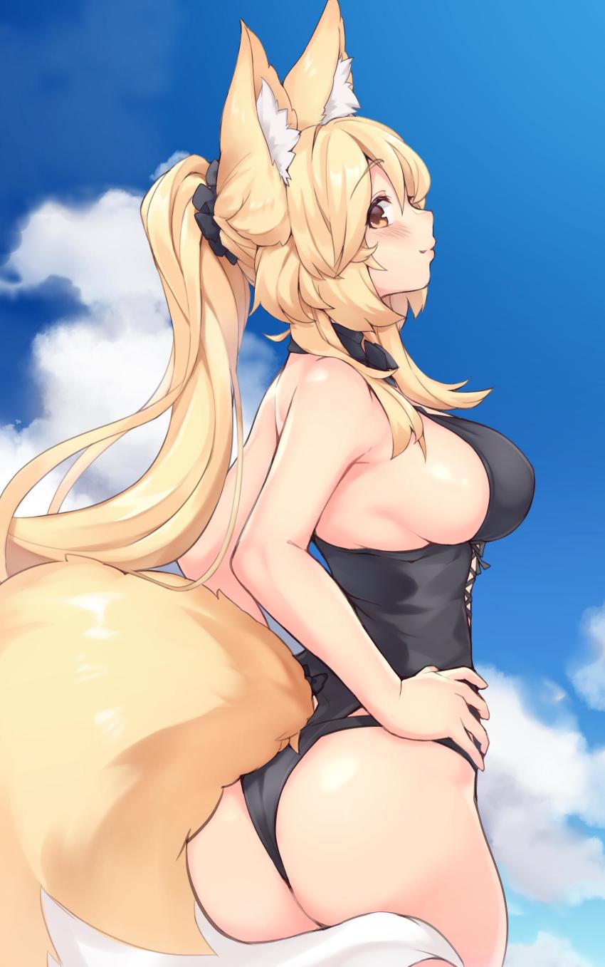 1girl, absurdres, animal_ear_fluff, animal_ears, ass, bad_id, bad_pixiv_id, blonde_hair
