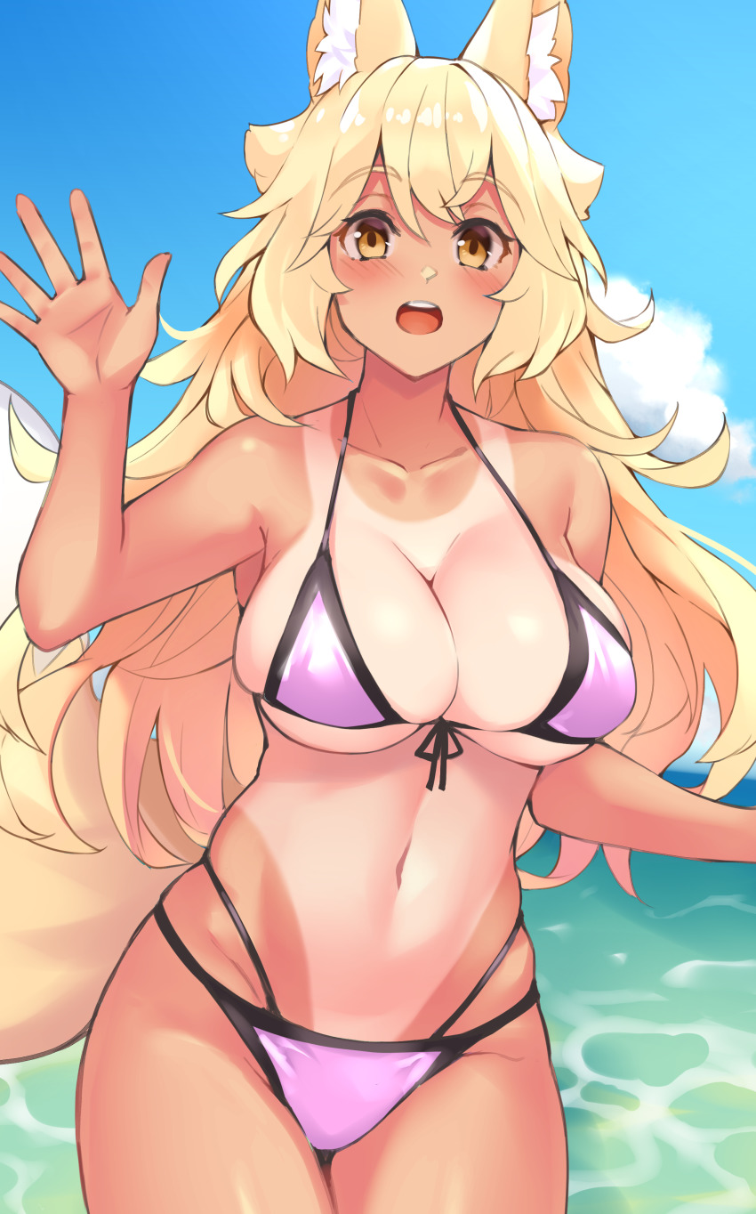 1girl, absurdres, animal_ear_fluff, animal_ears, bad_id, bad_pixiv_id, bikini, blonde_hair, blush, breasts, cloud, cloudy_sky, fox_ears, fox_tail, highres, large_breasts, navel, neko_mantis, ocean, one-piece_tan, open_mouth, original, purple_bikini, sky, solo, swimsuit, tail, tan, tanline, waving, yellow_eyes