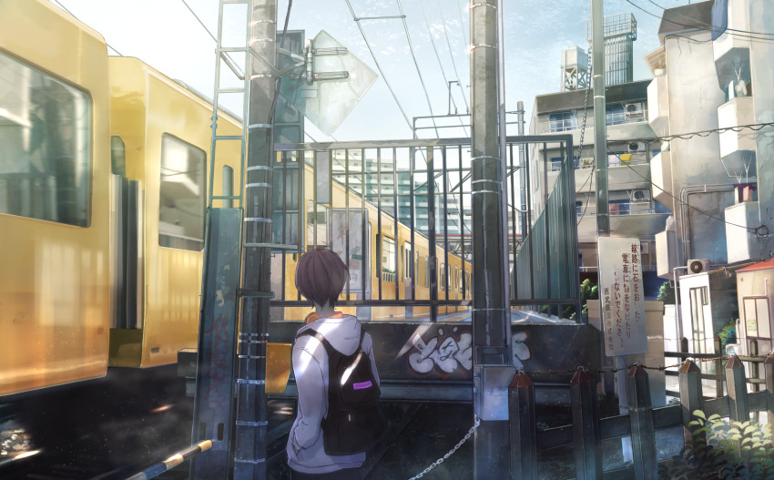 1boy, backpack, bag, brown_hair, building, city, fence, hands_in_pockets, headphones, headphones_around_neck, highres, hood, hoodie, looking_to_the_side, original, outdoors, plant, power_lines, railroad_crossing, railroad_tracks, sakura_inu_(itoyatomo), scenery, seibu_railway, short_hair, sign, train, train_station, utility_pole