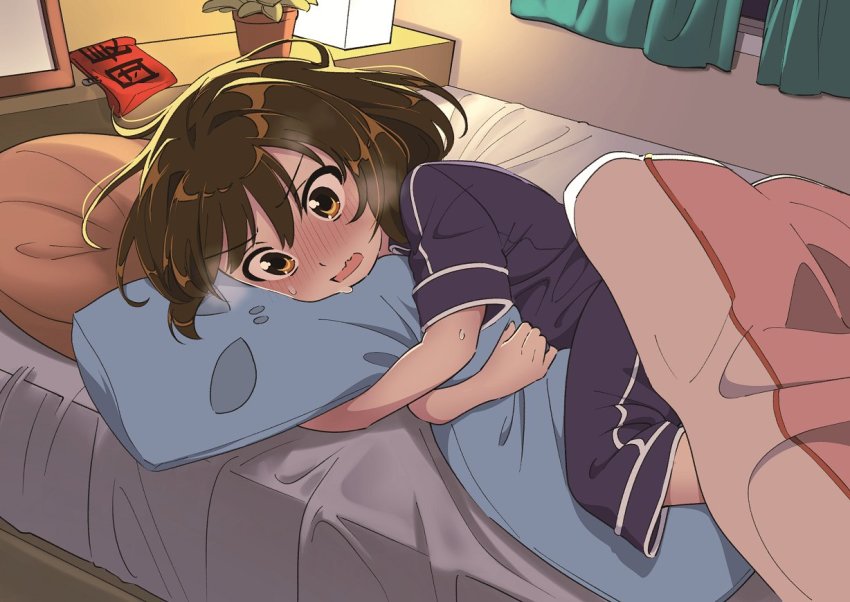 1girl, aged_down, armband, bad_id, bad_twitter_id, bed, bed_sheet, bedroom