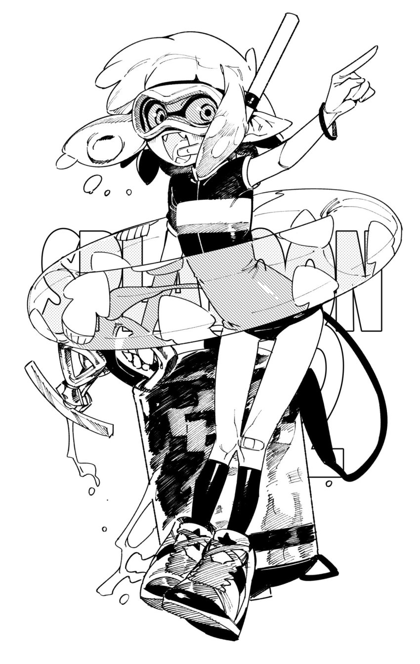1girl, :d, bandaid, bandaid_on_knee, bandaid_on_leg, blunt_bangs, bracelet, chomoran, commentary, diving_mask, fangs, goggles, greyscale, high_tops, highres, holding, holding_weapon, inkling, inkling_girl, inkling_player_character, innertube, jewelry, looking_at_viewer, mask, monochrome, nintendo, one-piece_swimsuit, open_mouth, pointing, pointy_ears, shoes, short_hair, short_sleeves, smile, sneakers, snorkel, socks, solo, standing, sting_ray_(splatoon), swim_ring, swimsuit, tentacle_hair, water_drop, weapon