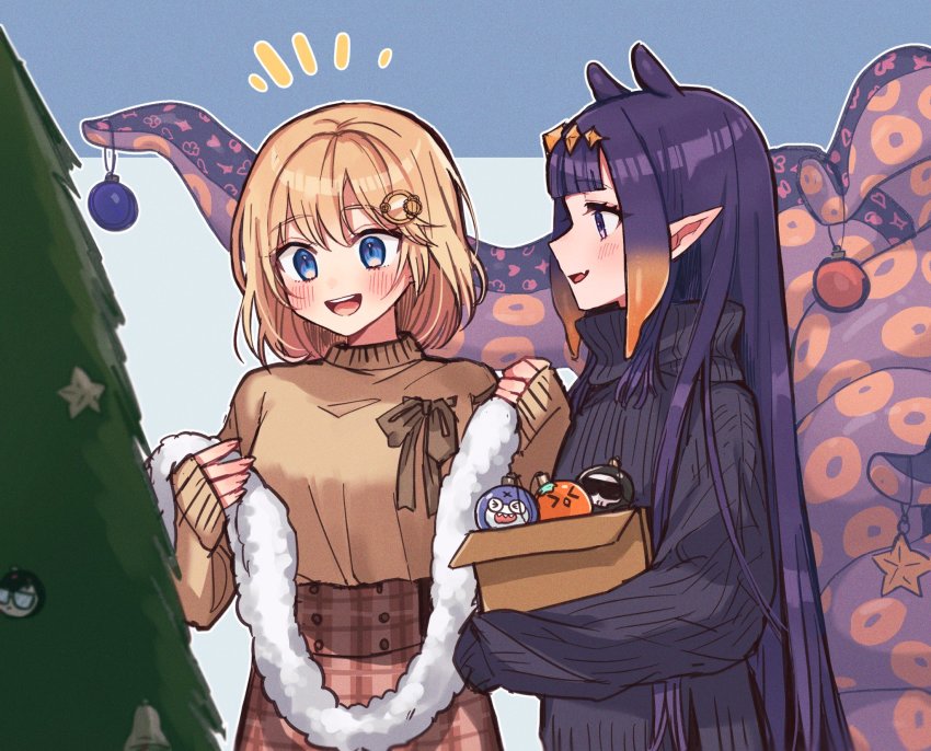 2girls, black_sweater, bloop_(gawr_gura), blue_eyes, blunt_bangs, blush, box, brown_sweater