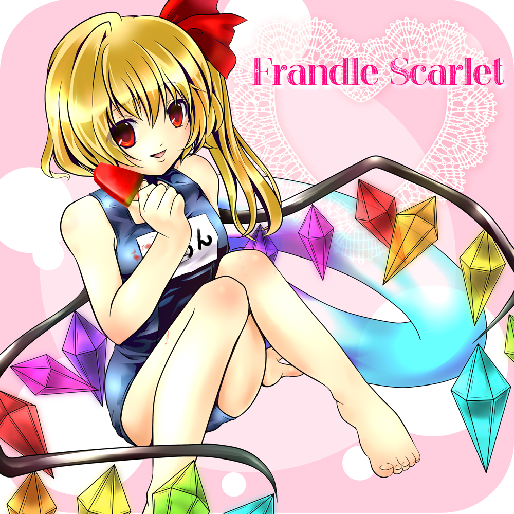 1girl, akina_(artist), akina_(schism), bad_id, bad_pixiv_id, barefoot, blonde_hair, character_name, child, feet, female_focus, flandre_scarlet, food, one-piece_swimsuit, one_side_up, ponytail, popsicle, red_eyes, school_swimsuit, short_hair, side_ponytail, solo, swimsuit, touhou, watermelon_bar, wings