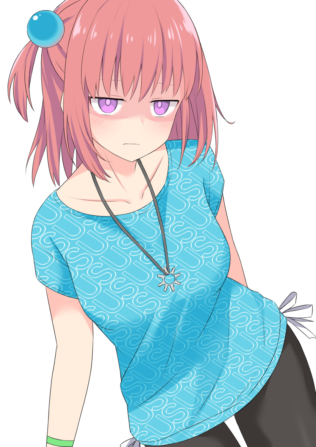 1girl, akahi_(akahi242), black_pants, blue_shirt, bracelet, clothes_writing, collarbone, highres