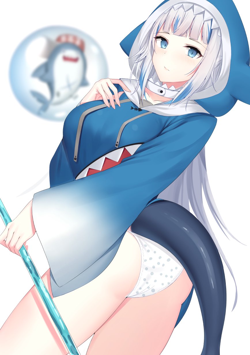 1girl, animal_hood, ass, bloop_(gawr_gura), blue_eyes, blue_hoodie, blurry, breasts