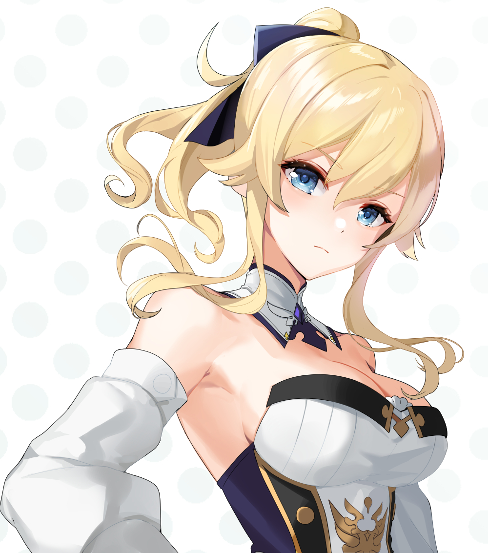 1girl, bare_shoulders, blonde_hair, blue_bow, blue_eyes, bow, breasts, cleavage