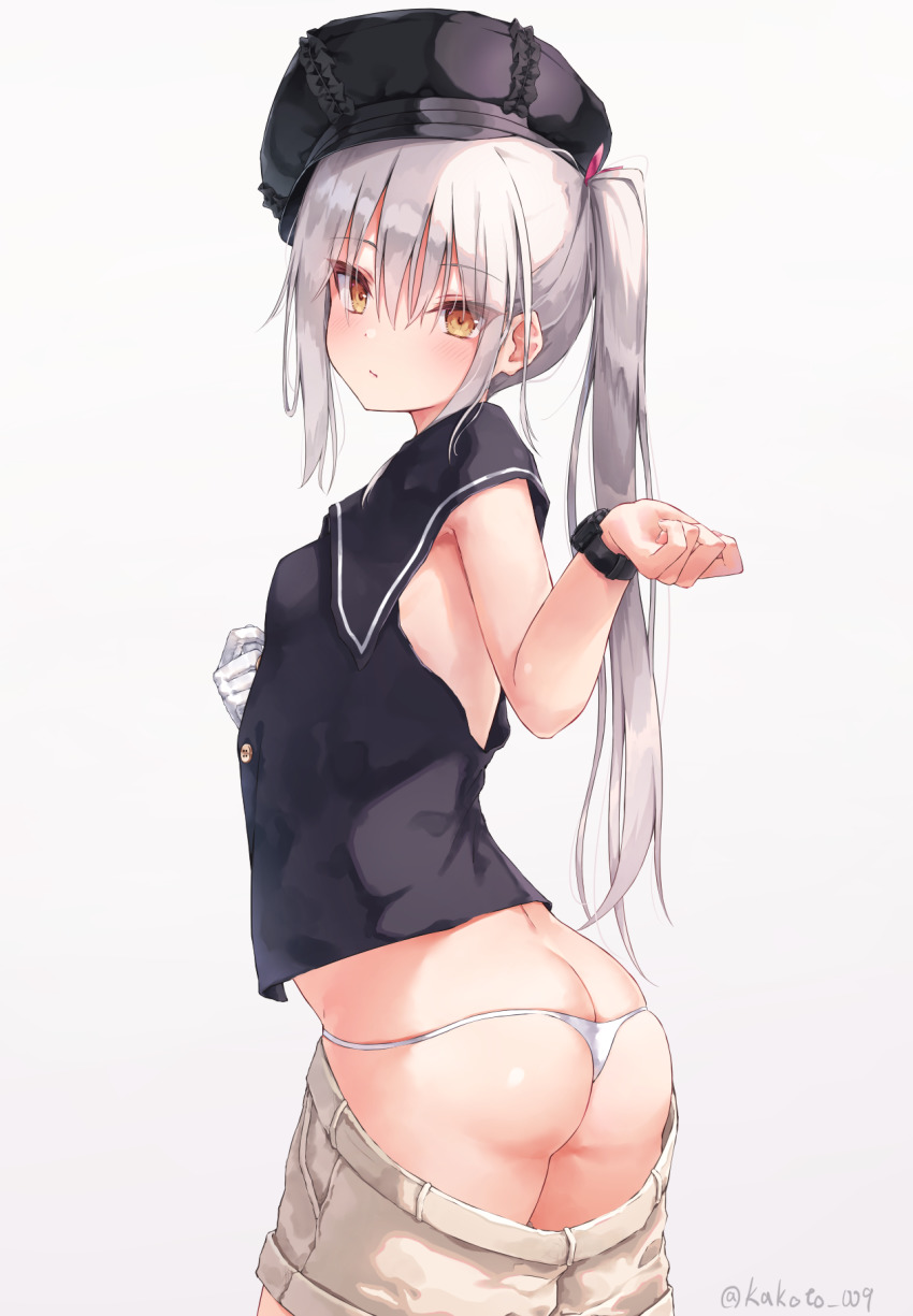 1girl, ass, black_hat, blush, breasts, butt_crack, closed_mouth, commentary_request