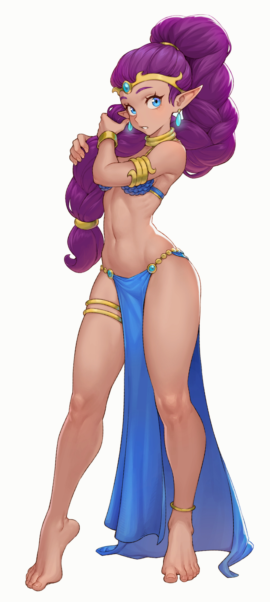 1girl, :o, alternate_hairstyle, anklet, arabian_clothes, armlet, bare_legs, bare_shoulders, barefoot, blue_eyes, blush, bracer, braid, cheshirrr, circlet, collar, dancer_shantae, dark-skinned_female, dark_skin, earrings, female_focus, full_body, harem_outfit, high_braid, highres, jewelry, loincloth, long_hair, looking_at_viewer, navel, official_alternate_costume, parted_lips, pelvic_curtain, pointy_ears, purple_hair, shantae, shantae_(series), single_braid, solo, standing, stomach, thighlet, very_long_hair