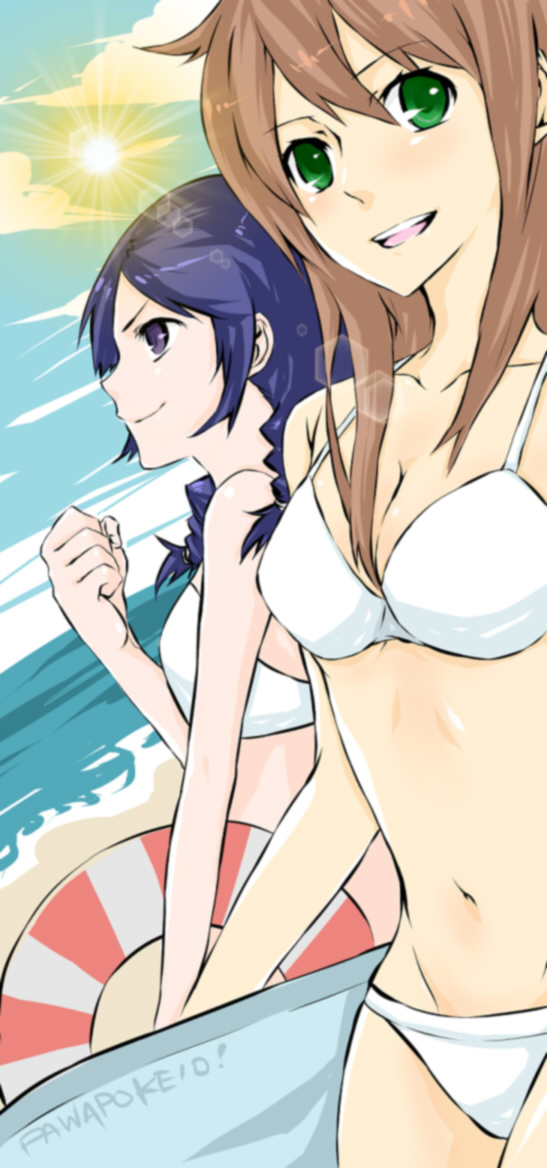 2girls, beach, bikini, blue_hair, bodyboard, braid, brown_hair, copyright_name, day, dutch_angle, green_eyes, haruta_ran, innertube, jikkyou_powerful_pro_yakyuu, lens_flare, long_hair, mihashi_taeko, multiple_girls, power_pro-kun_pocket_10, power_pro-kun_pocket, purple_eyes, r_waizumi, sun, swim_ring, swimsuit, twin_braids, wa_(r_waizumi)