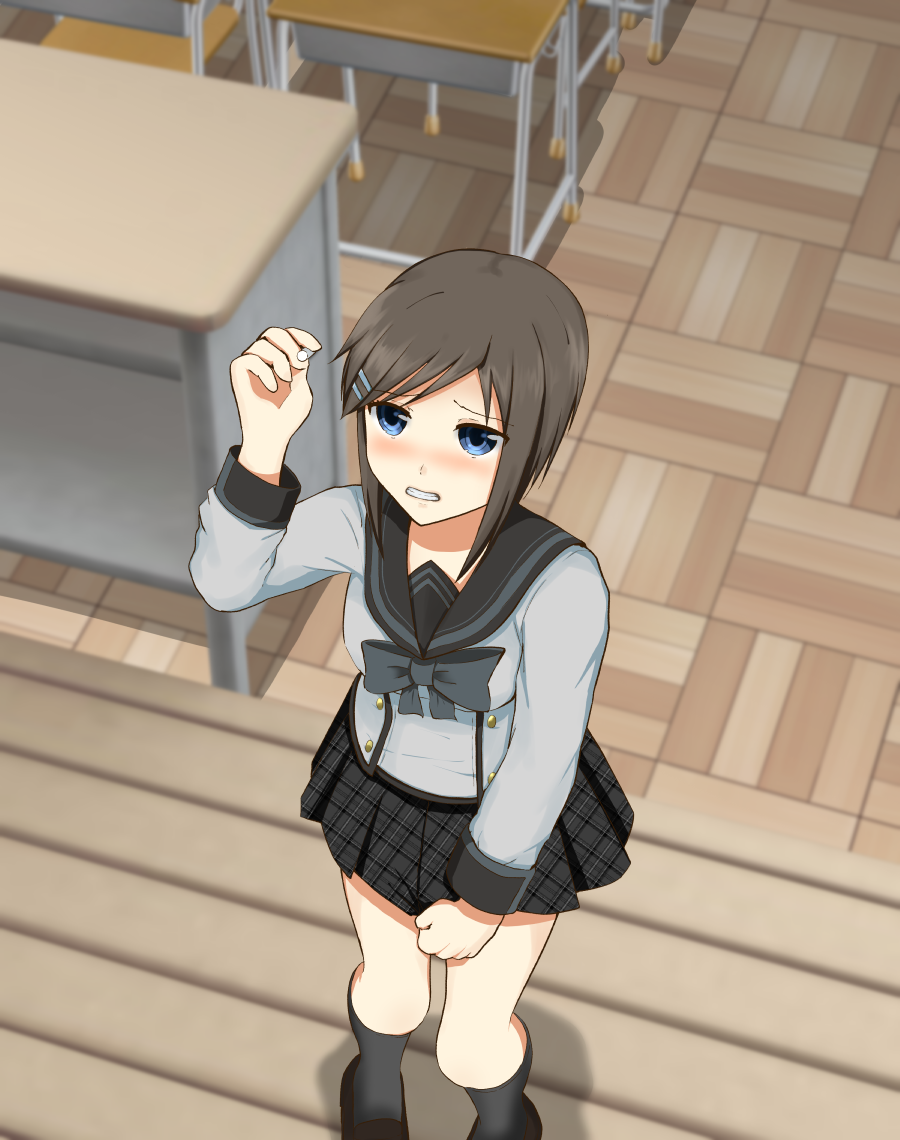 1girl, arm_up, chalk, classroom, clenched_teeth, desk, discreet_vibrator, embarrassed, femuto, forced_orgasm, from_above, holding, implied_vibrator, kneehighs, looking_up, original, pleated_skirt, sailor_collar, school_uniform, shoes, skirt, skirt_tug, socks, standing, teeth, uwabaki, vibrator, vibrator_under_clothes