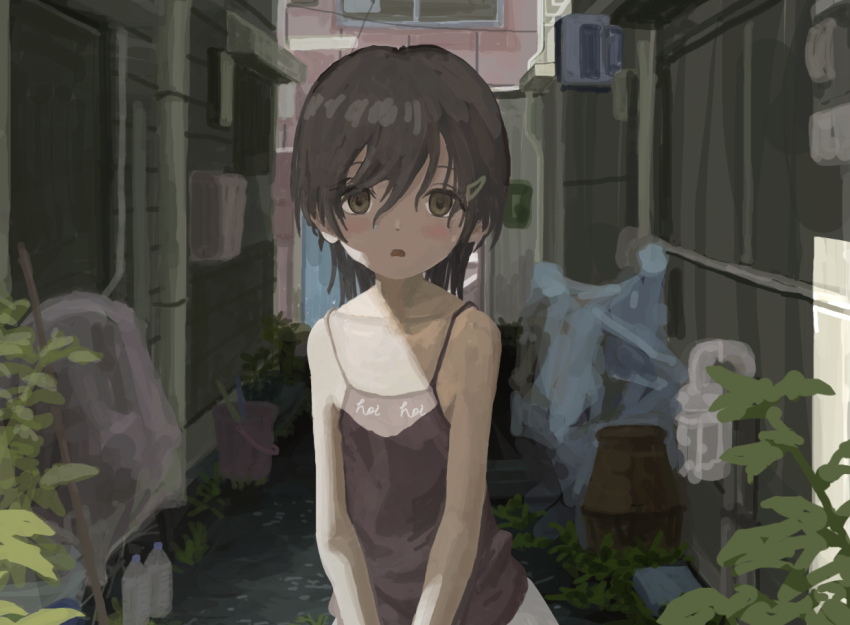 1girl, alley, black_hair, blush, bottle, bucket, building, camisole, child, female_focus, flat_chest, hair_ornament, hairclip, mani_tamlyn, open_mouth, original, outdoors, parted_lips, short_hair, solo, sweat