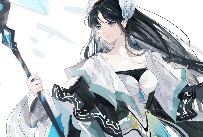 1girl, bad_id, bad_twitter_id, black_hair, blue_eyes, character_request, copyright_request, dress, earrings, highres, hime_cut, holding, holding_staff, jewelry, long_hair, parted_lips, rrrr_222, simple_background, solo, staff, white_background
