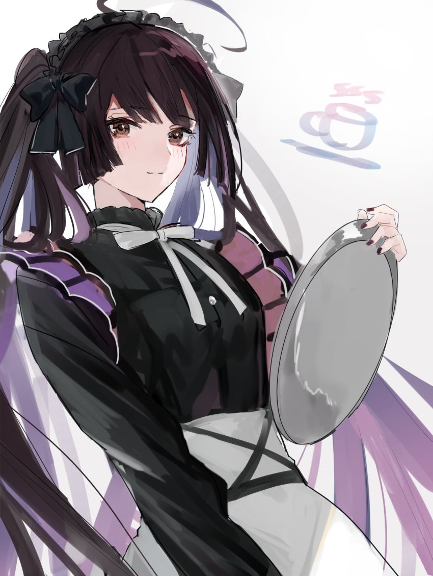 1girl, ahoge, bad_id, bad_twitter_id, black_dress, black_hair, character_request, copyright_request, dress, gradient_background, highres, holding, holding_plate, long_hair, long_sleeves, looking_at_viewer, maid, maid_headdress, neck_ribbon, plate, red_eyes, ribbon, rrrr_222, simple_background, solo, twintails, white_ribbon