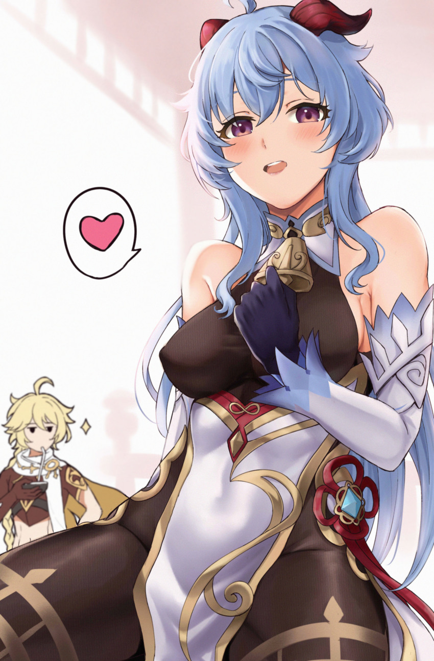 1boy, 1girl, absurdres, aether_(genshin_impact), ahoge, bare_shoulders, bell, black_bodysuit