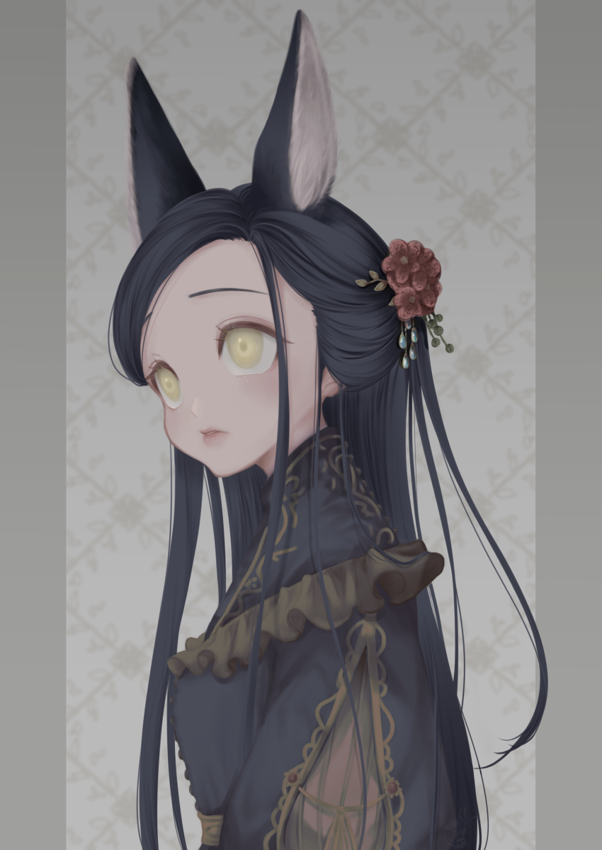 1girl, absurdres, animal_ears, chaa_art, flower, grey_background, hair_flower, hair_ornament, highres, honzuki_no_gekokujou, long_hair, myne_(honzuki_no_gekokujou), simple_background, solo, upper_body, yellow_eyes