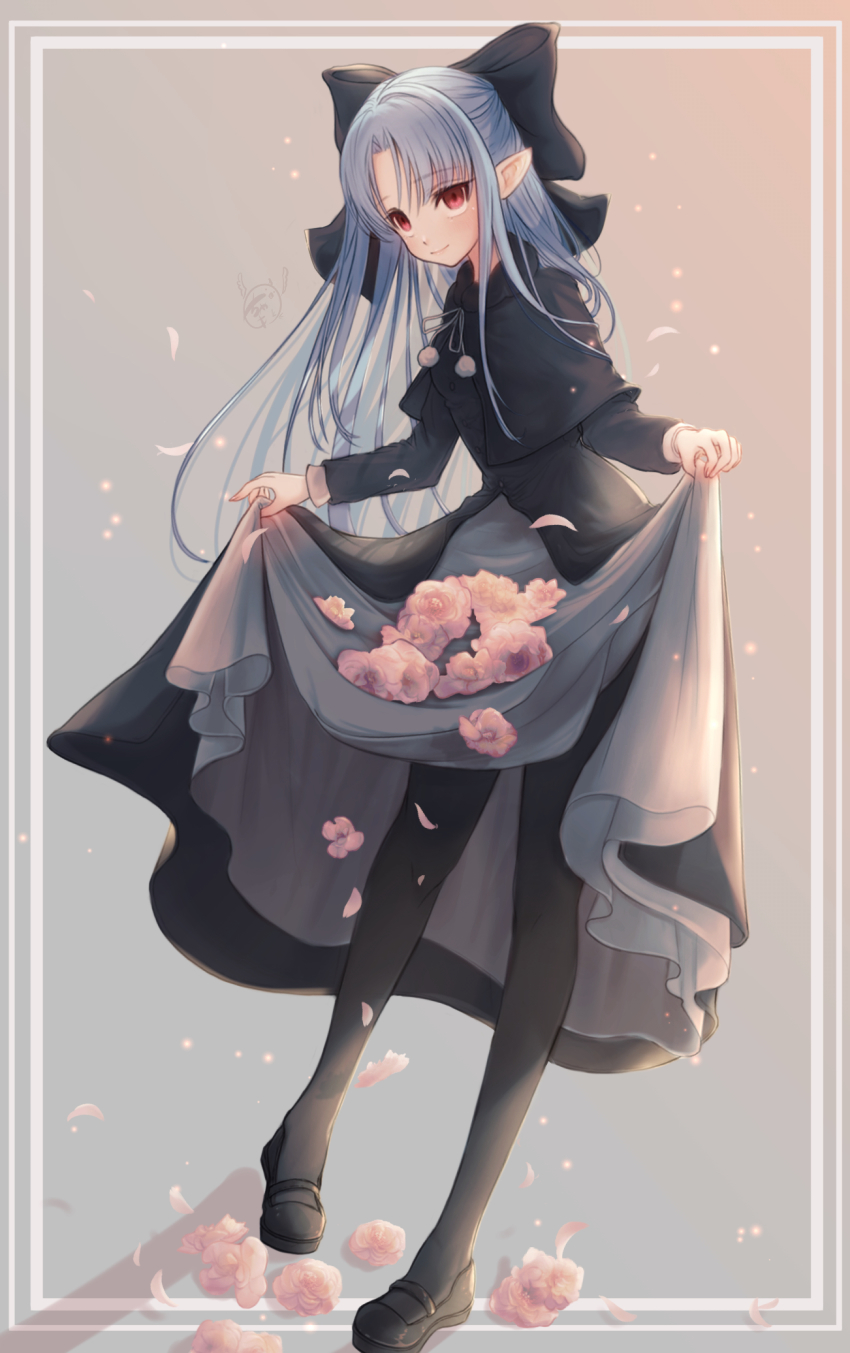 1girl, black_dress, black_footwear, black_pantyhose, blue_hair, bow, chaa_art, commission, dress, flower, full_body, grey_background, hair_bow, highres, len_(tsukihime), long_hair, long_sleeves, looking_at_viewer, pantyhose, parted_bangs, pointy_ears, red_eyes, skeb_commission, skirt_basket, solo, standing, tsukihime