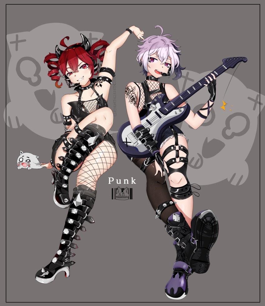 2girls, arm_strap, arm_up, black_gloves, boots, commentary, drill_hair, english_commentary, fingerless_gloves, fishnet_legwear, fishnet_top, fishnets, flower_(vocaloid), flower_(vocaloid4), full_body, gloves, goth_fashion, gothic, guitar, headphones, headset, high_heels, highres, holding, holding_instrument, ianxy2, instrument, kasane_teto, multicolored_hair, multiple_girls, music, playing_instrument, punk, punkish_gothic, purple_eyes, purple_hair, red_eyes, red_hair, short_hair, spiked_legwear, strap, streaked_hair, twin_drills, utau, vocaloid, wrist_straps