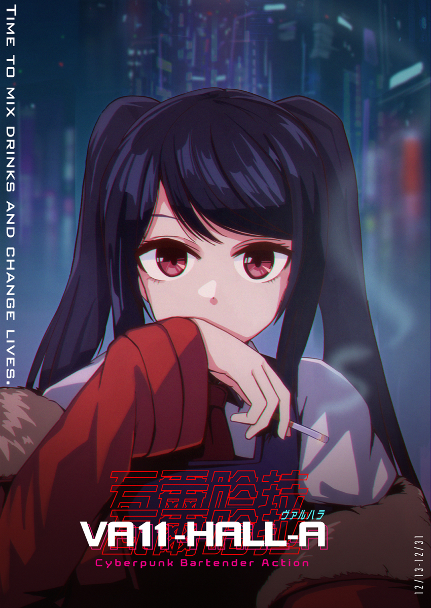 1girl, bartender, cigarette, copyright_name, dated, english_text, fur-trimmed_jacket, fur_trim, highres, holding, holding_cigarette, jacket, jill_stingray, kutouten_(kutoten910), long_hair, long_sleeves, looking_at_viewer, necktie, open_clothes, open_jacket, purple_hair, red_eyes, red_jacket, red_necktie, solo, twintails, va-11_hall-a, vest