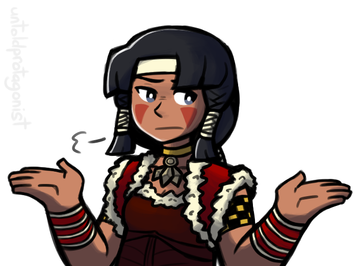 1girl, armband, black_hair, blue_eyes, breasts, breath, brown_hair, choker, code_name:_s.t.e.a.m., dark-skinned_female, dark_skin, english_text, facial_mark, fur_trim, headband, jewelry, looking_to_the_side, multiple_girls, native_american, necklace, nintendo, shrugging, tiger_lily_(code_name:_s.t.e.a.m.), transparent_background, untoldprotag, upper_body, wristband