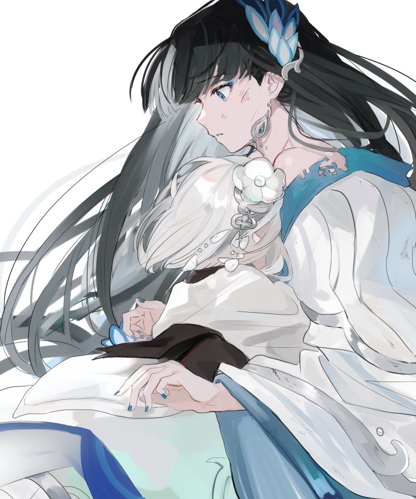 2girls, bad_id, bad_twitter_id, black_hair, blue_eyes, blue_nails, character_request, copyright_request, dirty, dirty_face, dress, earrings, flower, hair_flower, hair_ornament, highres, hug, jewelry, long_hair, multiple_girls, nail_polish, rrrr_222, short_hair, torn_clothes, white_background, white_dress, white_hair