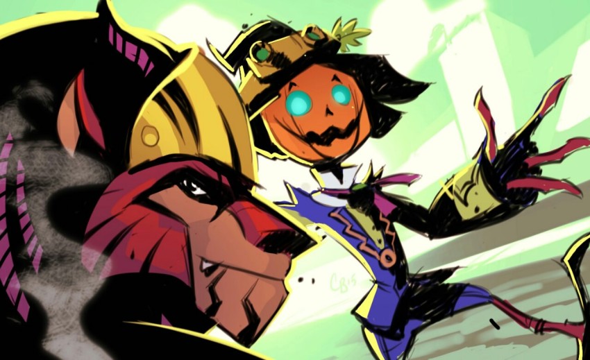 2boys, blue_eyes, code_name:_s.t.e.a.m., fang, glowing, glowing_eyes, hat, jack-o'-lantern