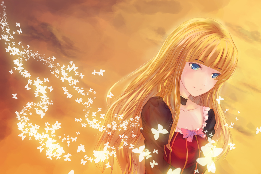 00s, 1girl, beatrice_(umineko), blonde_hair, blue_eyes, bug, butterfly, choker