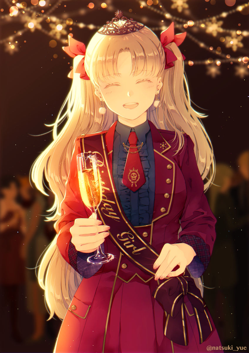 1girl, :d, artist_name, birthday, blonde_hair, blue_shirt, blurry, blurry_background, blush, bow, breasts, center_frills, champagne_flute, closed_eyes, coat, collared_shirt, commentary_request, cup, drinking_glass, earrings, ereshkigal_(fate), facing_viewer, fate/grand_order, fate_(series), fingernails, frills, glint, hair_bow, highres, holding, holding_cup, jewelry, light_particles, long_hair, long_sleeves, necktie, open_mouth, pom_pom_(clothes), pom_pom_earrings, red_bow, red_coat, red_necktie, red_skirt, sash, shirt, skirt, skull, smile, solo, tiara, twitter_username, two_side_up, upper_body, very_long_hair, yue_natsuki