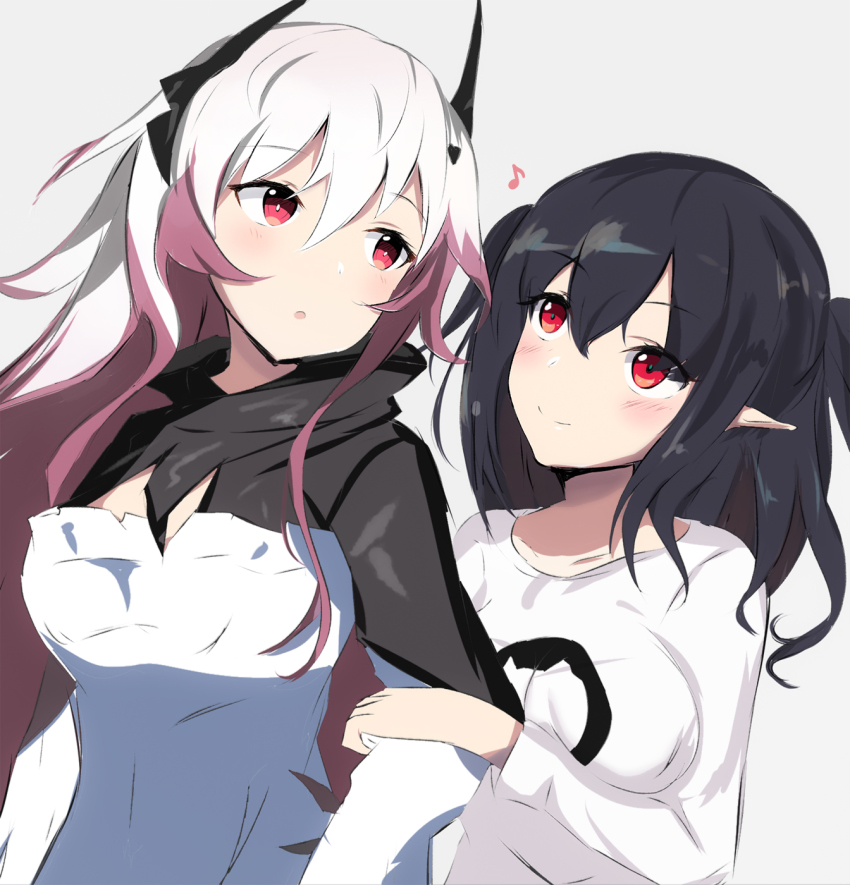 2girls, arknights, arm_hug, black_hair, blush, closure_(arknights), collarbone, commentary_request