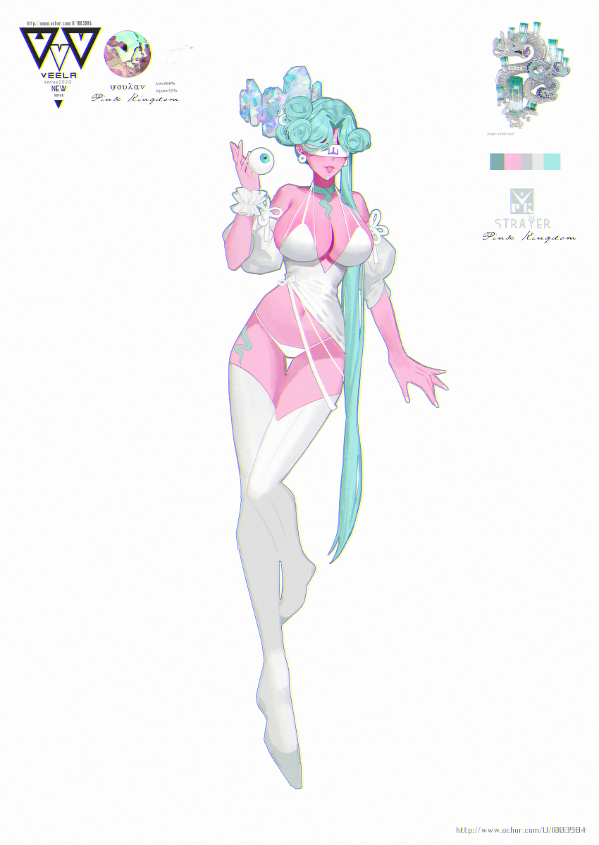 1girl, absurdres, aqua_eyes, aqua_hair, artist_name, bare_shoulders, blindfold, breasts