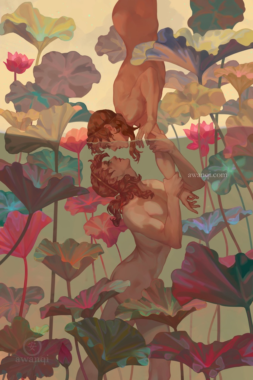 1boy, absurdres, awanqi, brown_hair, completely_nude, dual_persona, flower, greek_mythology, highres, long_hair, male_focus, narcissus, nude, pink_flower, plant, selfcest, upside-down, water, yaoi