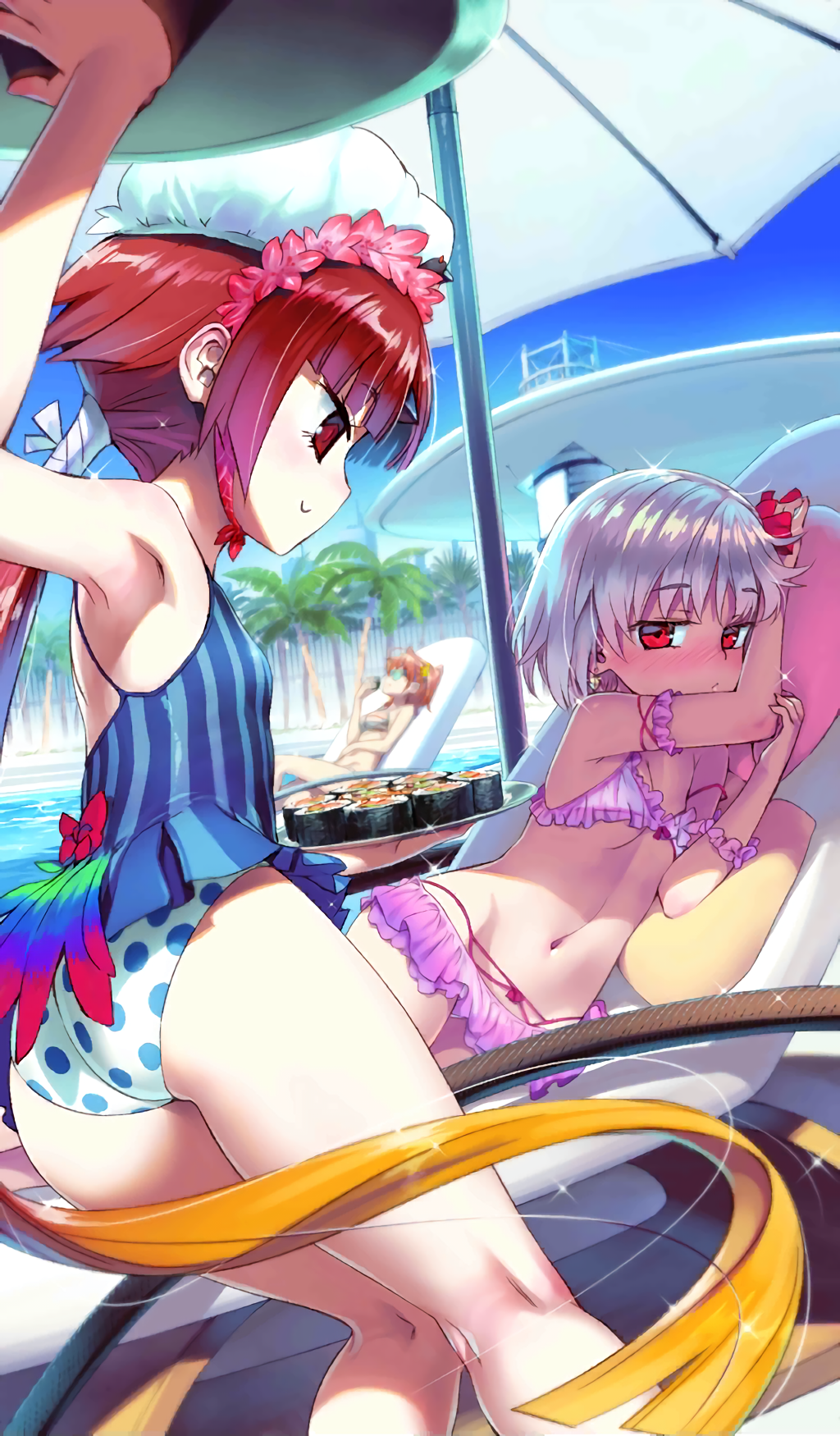 2girls, armpits, artist_request, ass, bare_shoulders, beach_chair, beni-enma, beni-enma_(summer_enma-tei), bikini, bikini_skirt, blue_one-piece_swimsuit, blush, breasts, craft_essence_(fate), fate/grand_order, fate_(series), flower, frilled_bikini, frills, fujimaru_ritsuka_(female), hair_flower, hair_ornament, hat, highres, kama_(fate), kama_(first_ascension)_(fate), kama_(summer_enma-tei)_(fate), kama_(young)_(fate), long_hair, looking_at_another, low_ponytail, mob_cap, multiple_girls, navel, official_art, one-piece_swimsuit, orange_hair, pink_bikini, ponytail, red_eyes, red_hair, short_hair, small_breasts, striped_clothes, striped_one-piece_swimsuit, summer_enma-tei, swim_cap, swimsuit, thighs, vertical-striped_clothes, vertical-striped_one-piece_swimsuit, very_long_hair