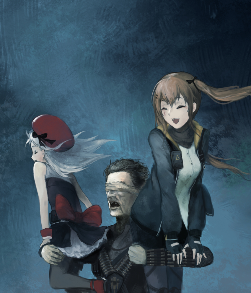 >_<, 2girls, absurdres, beret, blindfold, brown_hair, bullet, closed_eyes, frills, girls'_frontline, gloves, hair_ornament, hat, heckler_&amp;_koch, highres, holding, long_hair, mad_max, mad_max:_fury_road, mp5_(girls'_frontline), multiple_girls, one_side_up, open_mouth, parody, ribbon, scar, scar_across_eye, scar_on_face, shina_(be_dulgi), silver_hair, skirt, smile, the_bullet_farmer, ump9_(girls'_frontline), weapon