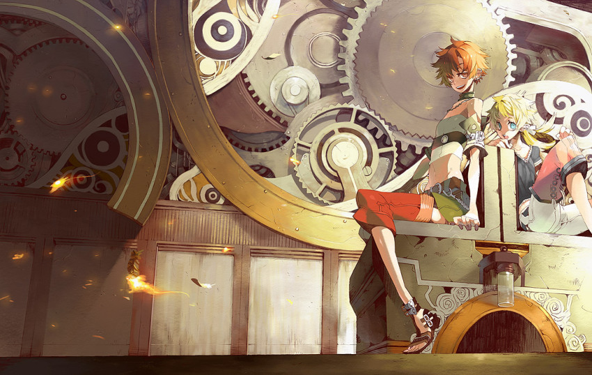 2girls, bare_shoulders, blonde_hair, blue_eyes, earrings, feathers, fire, gears