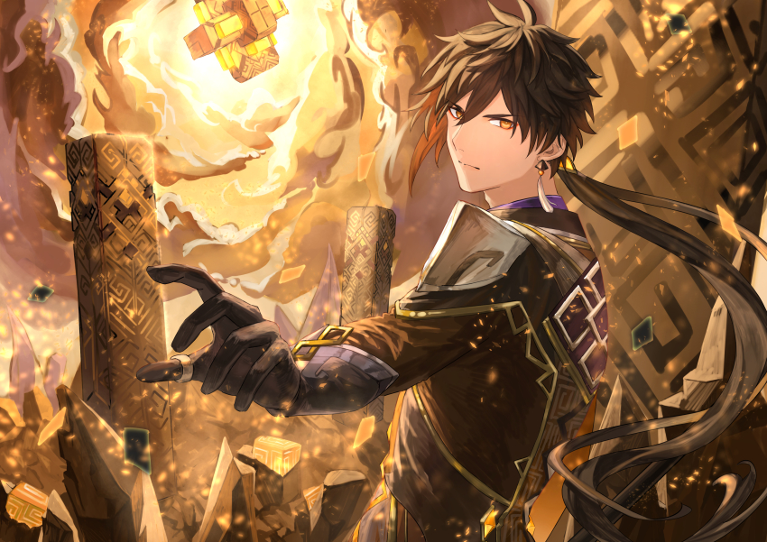 1boy, absurdres, black_gloves, black_hair, black_jacket, black_pants, cloud, commentary