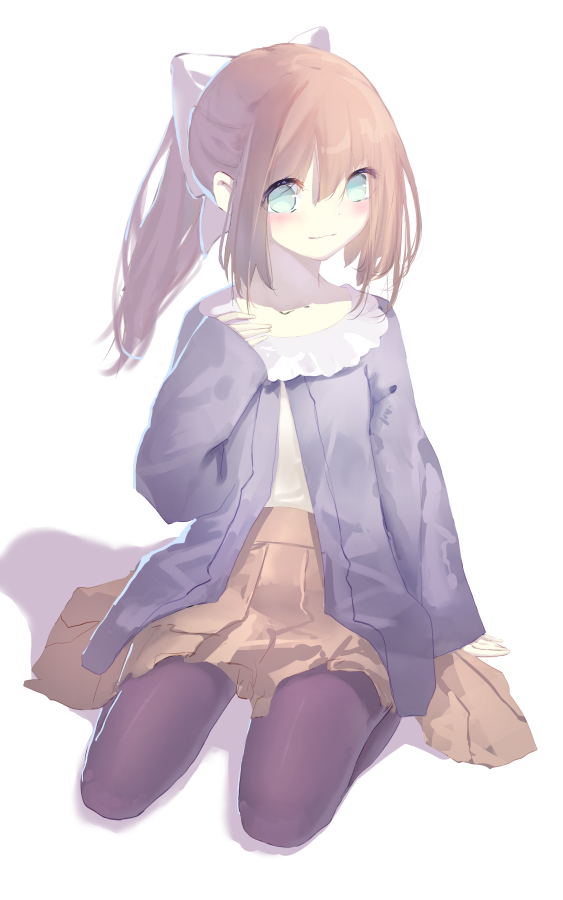 1girl, areks, blue_hair, blush, bow, brown_hair, brown_skirt, collarbone