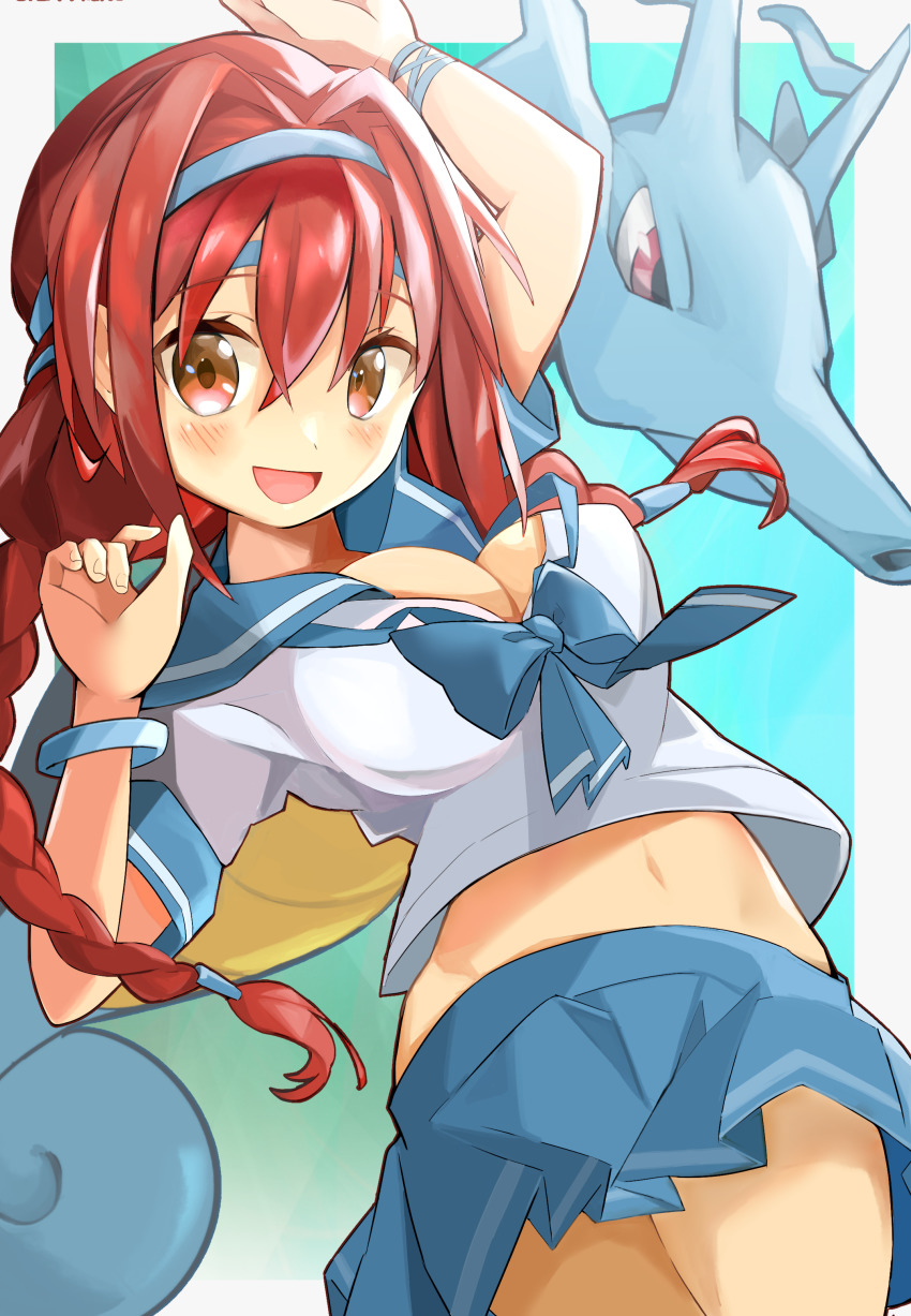 1girl, :d, absurdres, alternate_costume, arms_up, blue_background, blue_bow, blue_headband