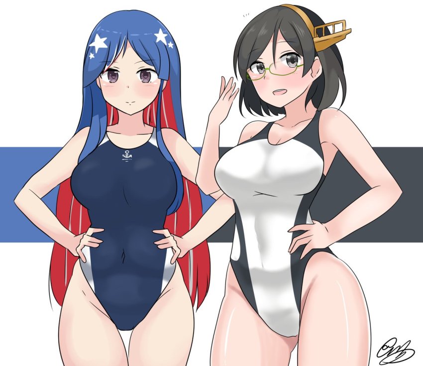 2girls, :d, alternate_costume, black_hair, blue_hair, breasts, competition_swimsuit, glasses