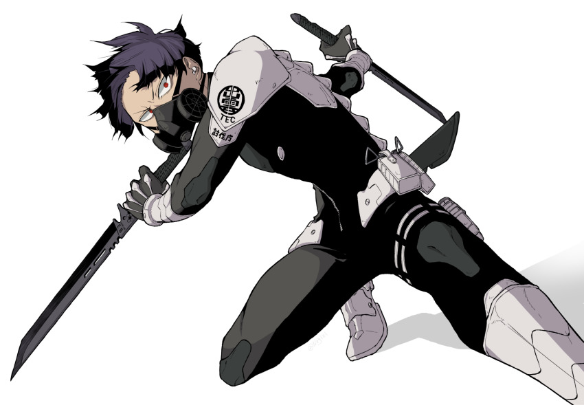 1boy, armor, black_bodysuit, black_gloves, black_hair, bodysuit, dual_wielding, feet_out_of_frame, fighting_stance, gloves, highres, holding, holding_sword, holding_weapon, holster, hoshina_soshiro, kaijuu_no._8, looking_away, male_focus, mask, nogizi, pauldrons, pouch, red_eyes, respirator, reverse_grip, short_hair, shoulder_armor, simple_background, solo, sword, thigh_holster, weapon, white_background, white_footwear