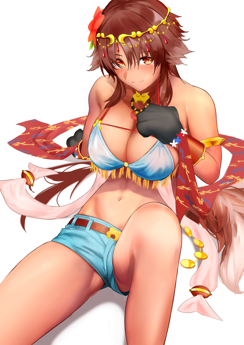 1girl, absurdres, animal_ears, animal_hands, arm_support, armlet, bare_shoulders, belt
