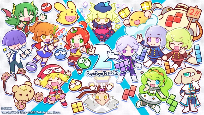 6+boys, 6+girls, ahoge, amitie_(puyopuyo), andou_ringo, aqua_eyes, arle_nadja, blonde_hair, blue_eyes, carbuncle_(puyopuyo), character_request, chibi, cloud, copyright_name, elle_(puyopuyo), ess_(puyopuyo), gloves, green_eyes, green_hair, hair_ornament, hat, highres, horns, jay_(puyopuyo), long_hair, madou_monogatari, marle_(puyopuyo), multiple_boys, multiple_girls, necktie, official_art, open_mouth, orange_hair, party_popper, ponytail, purple_eyes, purple_hair, puyo_(puyopuyo), puyopuyo, puyopuyo_7, puyopuyo_fever, puyopuyo_tetris, puyopuyo_tetris_2, red_hair, risukuma_(puyopuyo), sasaki_maguro, satan_(puyopuyo), short_hair, smile, tee_(puyopuyo), tetris, thighhighs, v, yellow_eyes