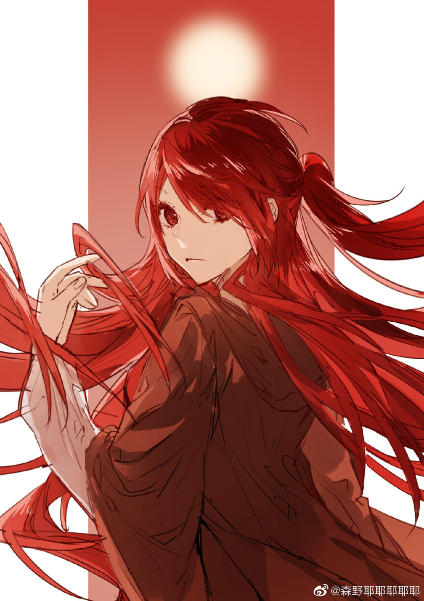 1girl, alternate_costume, alternate_hair_length, alternate_hairstyle, arknights, brown_coat, chinese_commentary, coat, exusiai_(arknights), facing_away, floating_hair, hair_over_one_eye, highres, hood, hood_down, long_hair, looking_at_viewer, looking_back, ponytail, red_eyes, red_hair, senye_yeyeyeyeye, solo, upper_body, very_long_hair, watermark, weibo_watermark
