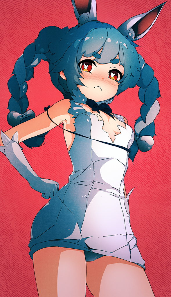 1girl, animal_ear_fluff, animal_ears, armpits, bakadebiru, braid, cosplay, embarrassed, frown, hand_on_own_hip, hestia_(danmachi), hestia_(danmachi)_(cosplay), hololive, rabbit_ears, rabbit_girl, red_background, simple_background, solo, symbol-shaped_pupils, twin_braids, usada_pekora, virtual_youtuber