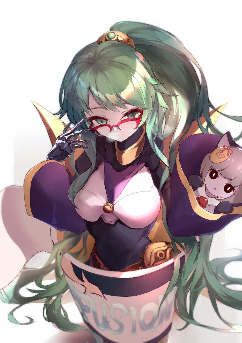 2girls, absurdres, adjusting_eyewear, animal_ears, breasts, cat_ears, check_commentary, commentary, commentary_request, cup, instant_cup_noodles, doll_joints, duel_monster, el_shaddoll_winda, gishihi, glasses, green_eyes, green_hair, highres, in_container, in_cup, instant_fusion, instant_noodles, joints, long_hair, mechanical_hands, multiple_girls, number_29_mannequin_cat, ponytail, red-framed_eyewear, shadow, single_mechanical_hand, thousand-eyes_restrict, upper_body, very_long_hair, white_background, wide_sleeves, winda_(yu-gi-oh!), yu-gi-oh!