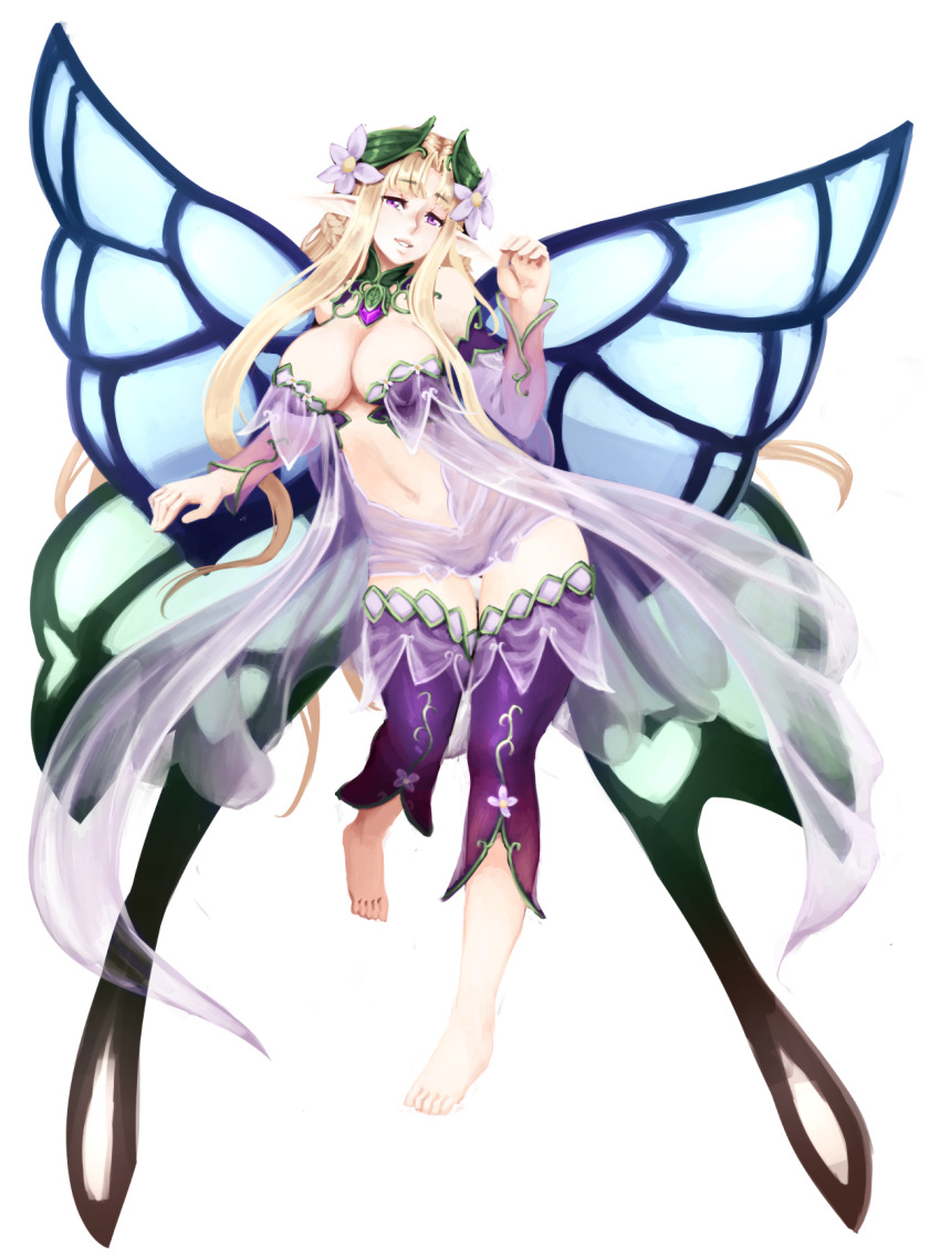 1girl, barbariank, bare_shoulders, barefoot, blonde_hair, blunt_bangs, braid, breasts, butterfly_wings, center_opening, cleavage, detached_collar, detached_sleeves, dress, eyebrows, fairy, fairy_wings, flower, french_braid, full_body, gem, hair_flower, hair_ornament, half-closed_eyes, hand_up, head_tilt, highres, insect_wings, large_breasts, long_hair, looking_at_viewer, monster_girl, monster_girl_encyclopedia, monster_girl_encyclopedia_ii, navel, open_clothes, parted_lips, pointy_ears, purple_dress, purple_eyes, purple_gem, purple_legwear, see-through_clothes, sidelocks, smile, solo, standing, standing_on_one_leg, thigh_gap, titania_(monster_girl_encyclopedia), transparent_background, very_long_hair, wings
