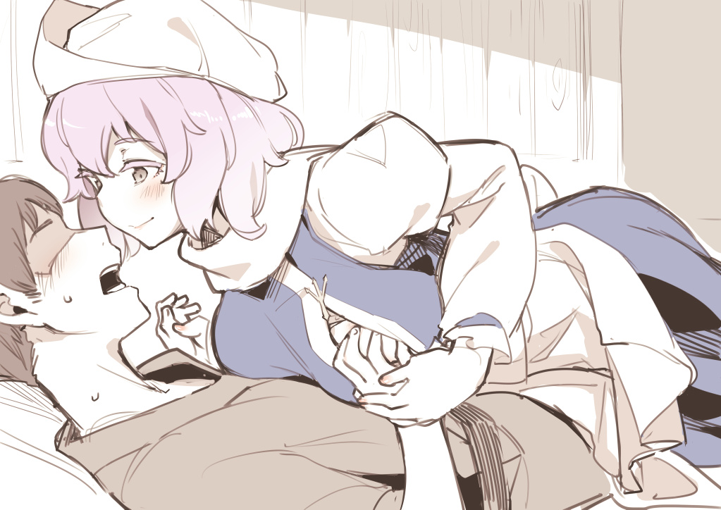 1boy, 1girl, assertive_female, asutora, breast_press, breasts, brown_eyes, brown_hair