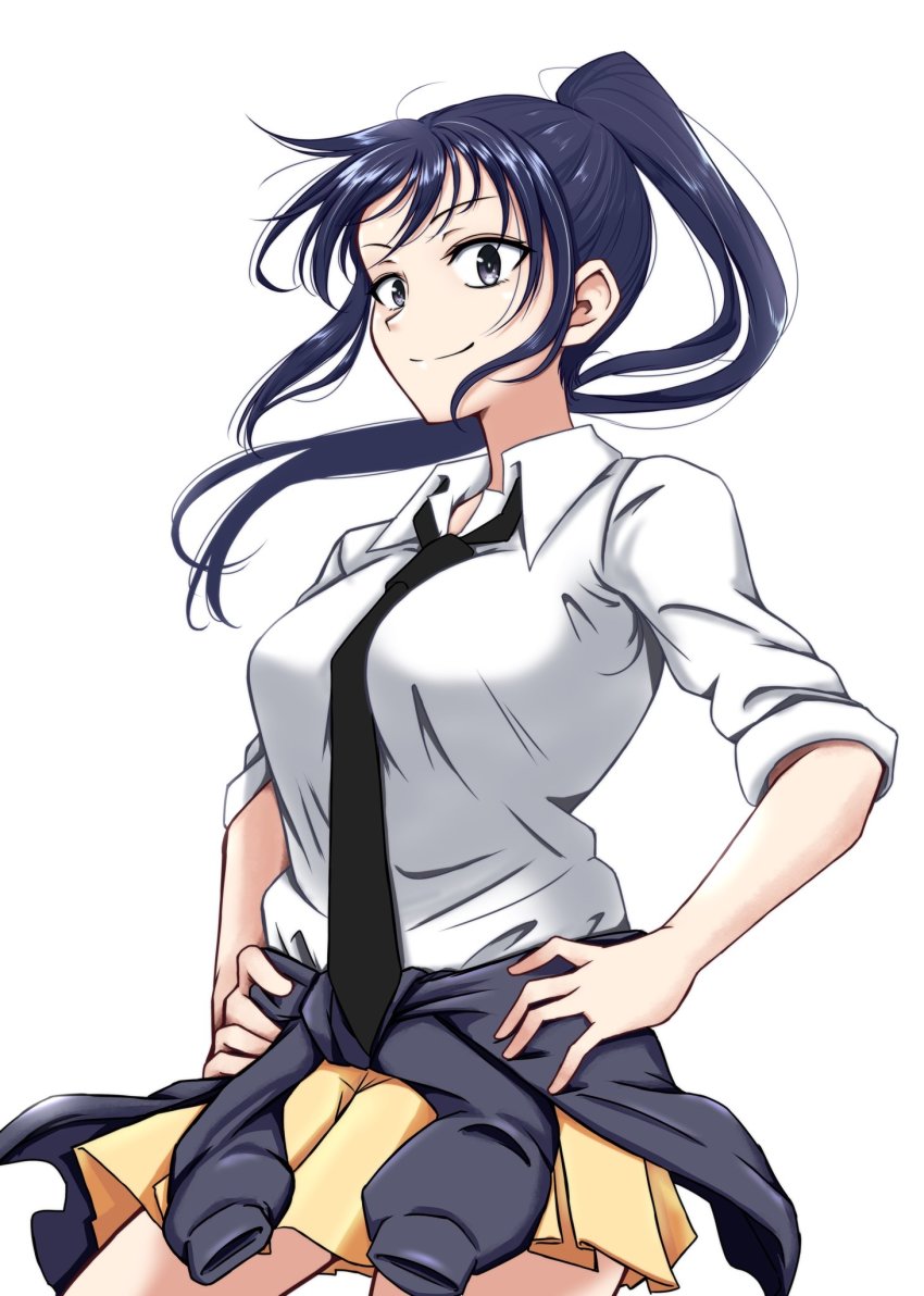 1girl, black_hair, breasts, clothes_around_waist, commentary_request, hand_on_own_hip, highres, large_breasts