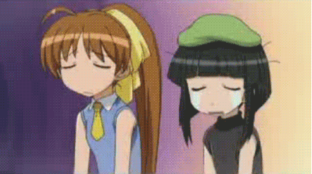 00s, 2girls, animated, animated_gif, antenna_hair, blush, breast_expansion, breasts, doujin_work, happy, hat, long_hair, lowres, multiple_girls, necktie, osana_najimi_(doujin_work), sweat, tears, tsuyuri_(doujin_work), very_long_hair